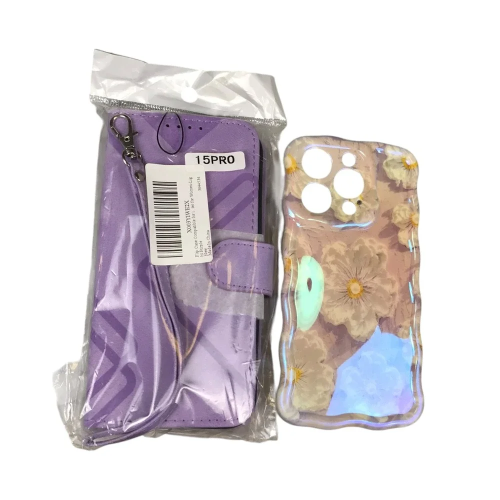 iPhone 15 Pro Purple Flower Oil Panting Wallet Phone Case Floral Protective Case